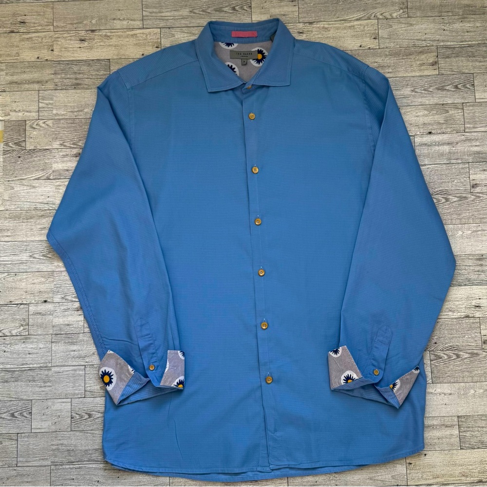 Ted Baker London Mens Long Sleeve Button Down Shirt Blue Convertible Cuff 5/XL